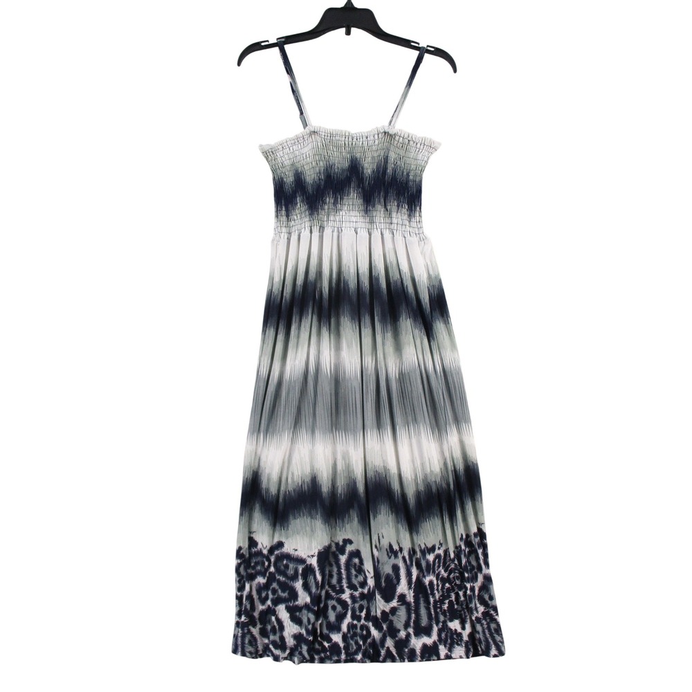 Cristinalove Women Navy Blue White Tie Dye Leopard Print Smocked Maxi Dress S